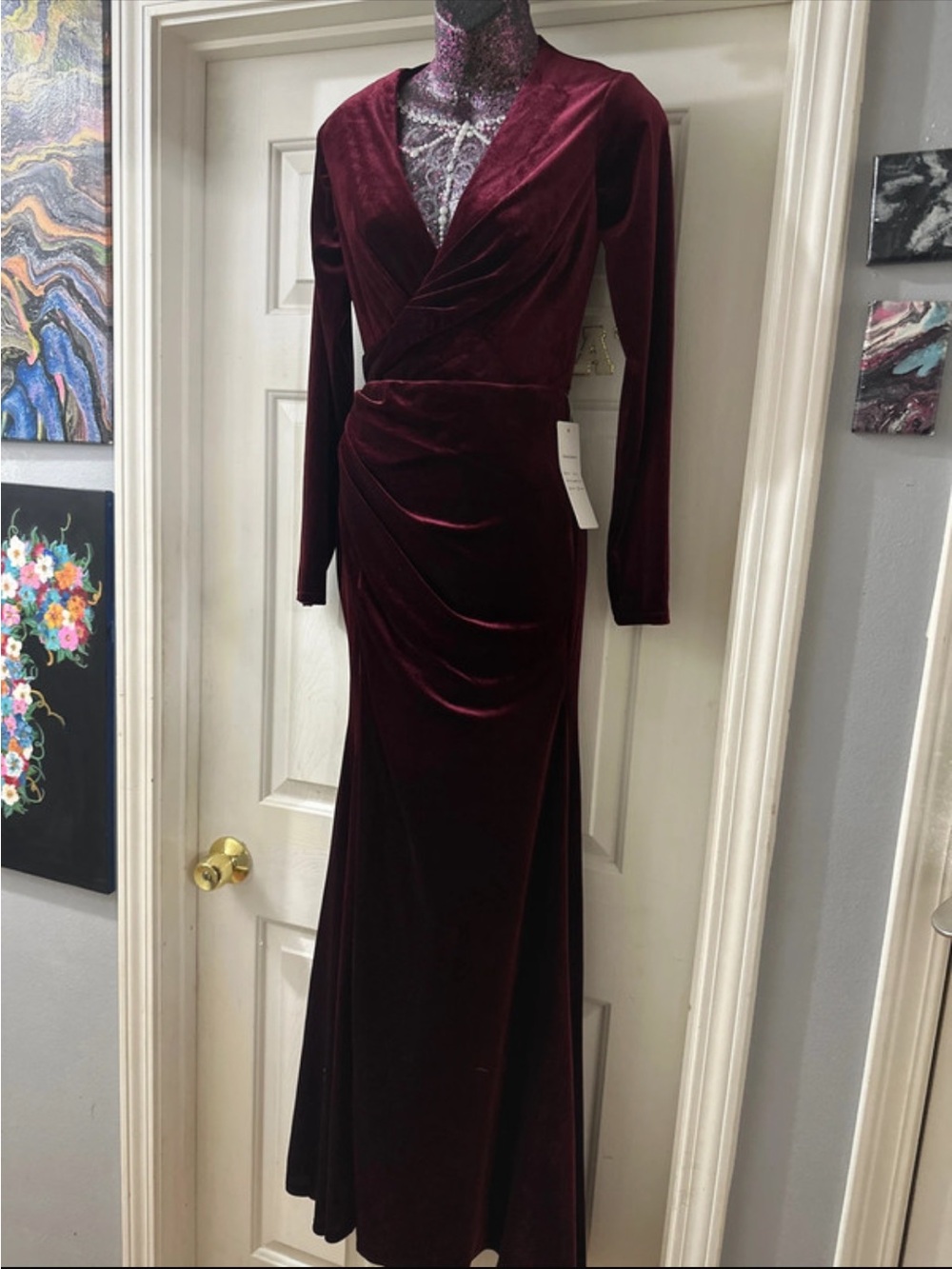 Women’s Long Sleeve Velvet Wrap Maxi Dress in Burgundy